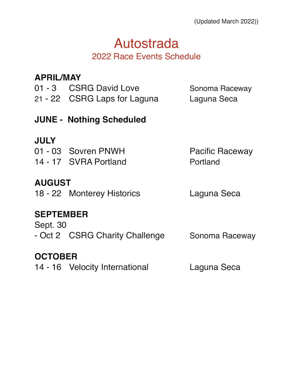  Autostrada Race Schedule 2022